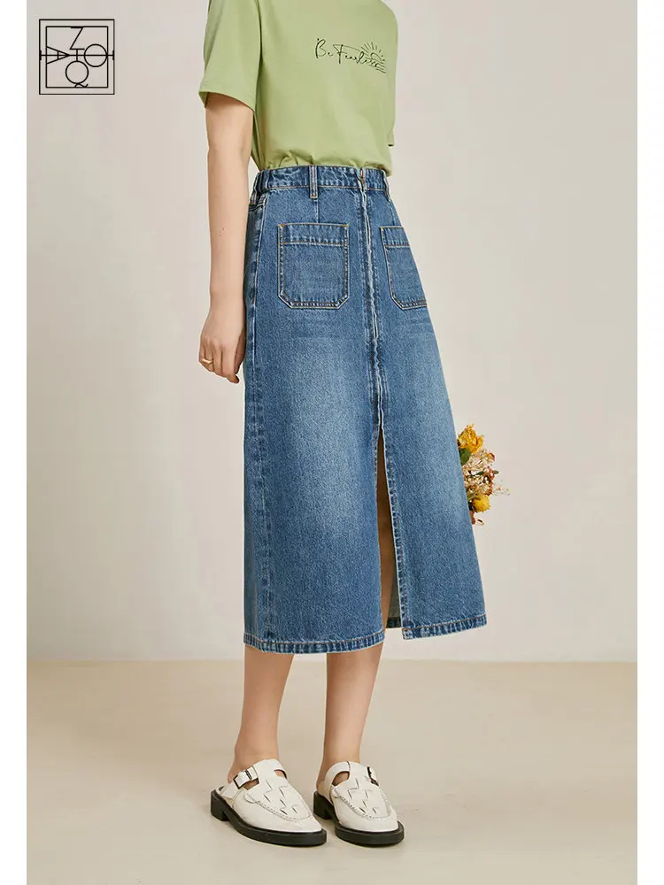 

ZIQIAO Design Sense Thin Denim Skirt for Women Spring Autumn Wear 2023 Chic High Street Style Slim High Slit A-line Skirt Female