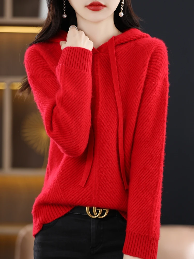 

Autumn Winter New European Station Pure Woolen Sweater Female Hooded Hoodie Loose And Thick Cashmere Sweater Fashion Casual Knit