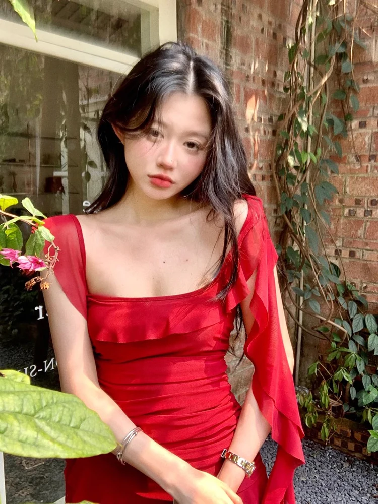 REDDACHiC Flowy Ruffle Mini Red Dress Women Casual Square Neck