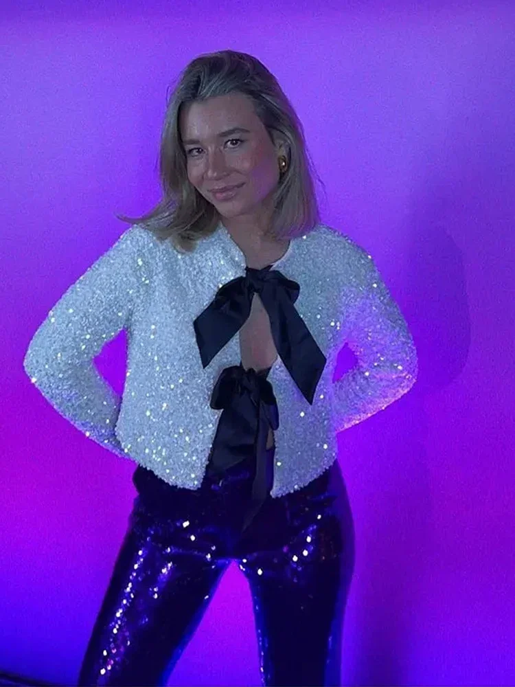Fashion Shiny Bow Sequin Jacket Women Merry Christmas Elegant Long Sleeve Coat Y2K Chic Cropped Tops High Street Lady Outerwear