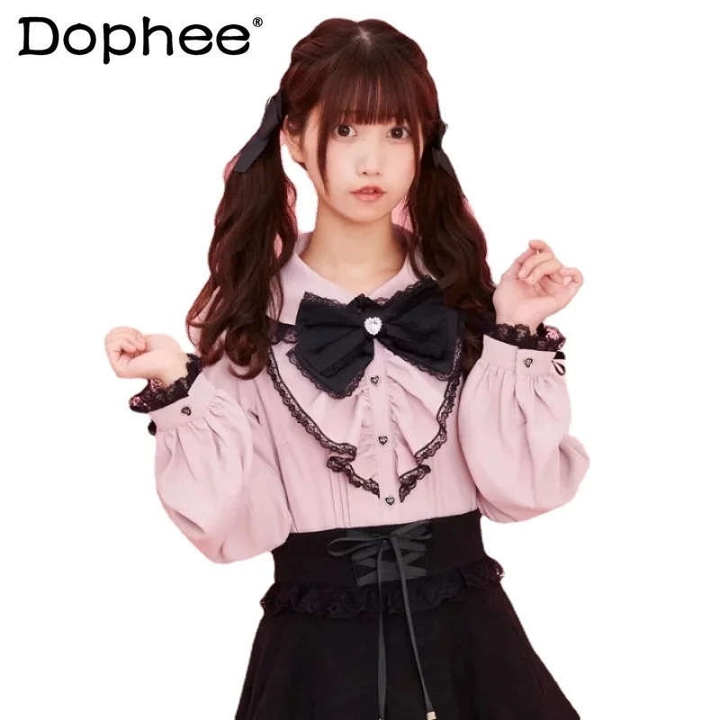 

Customized Japanese Lolita SC Soft Girl Cute Mine Mass-Produced Ruffled Bow Long Sleeve Shirt Top Camisas E Blusas Ropa De Mujer