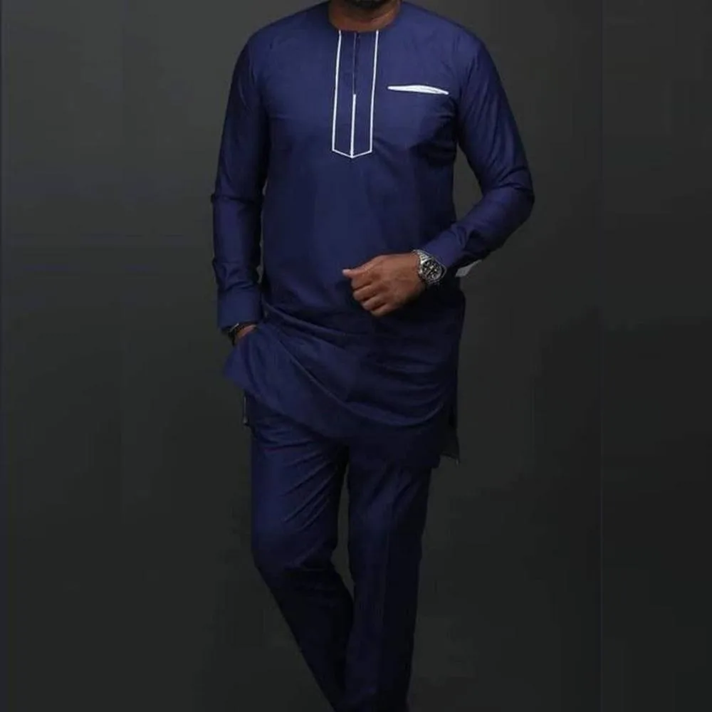 Summer New African Ethnic Style Men' Sset Solid Color Embroidery Shirt and Pant 2 Peice Suit Men Party Wedding Business Clothing