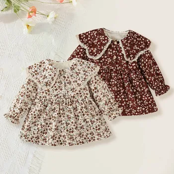 Autumn Spring New Girls' Dress Fashion Cute Doll Neck Flower Print Gown Dress Children's Girls Long Sleeve Floral Princess Dress 1