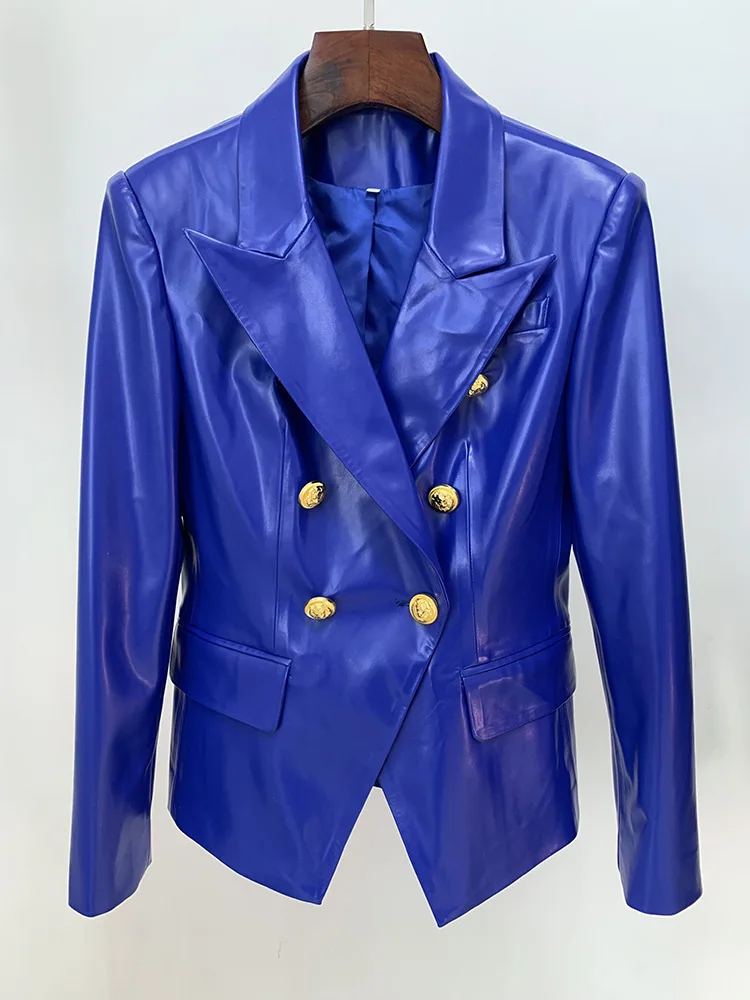 

Double Breasted Blue PU Leather Jackets Women Blazer 2023 New Lion Metal Button Slim Fit Artificial Leather Office Suit Blazers