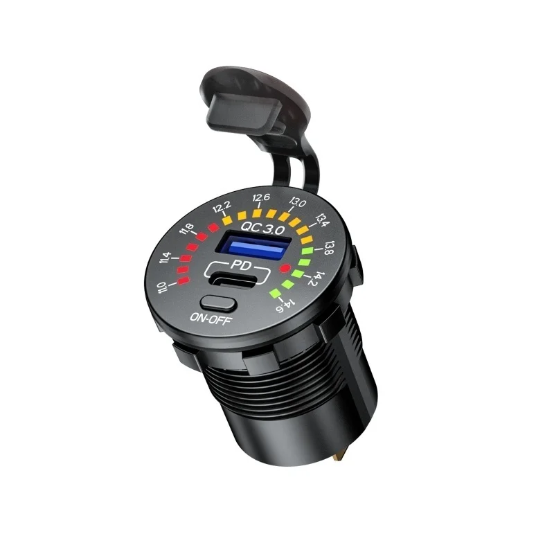 12V Quick Charge 3.0 USB SUV Car Charger Waterproof 18W Type C PD Outlet Fast Charger with LED Voltmeter ON OFF Power Switch 