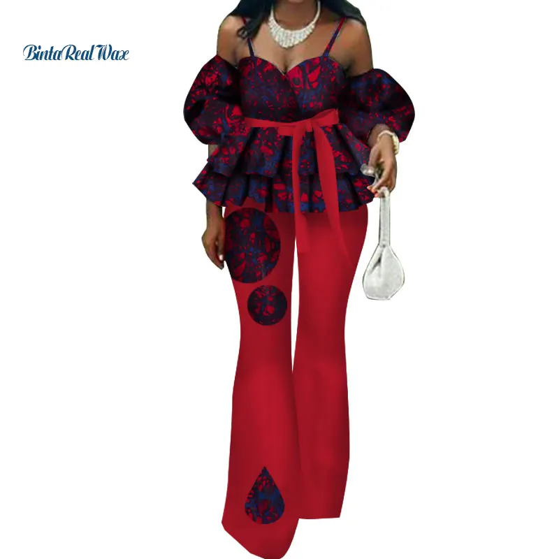 

New Ruffles Spaghetti Strap Top and Flare Pants Sets with Waist Belt 2 Pieces Pants Sets for Women African Style Clothing WY3340