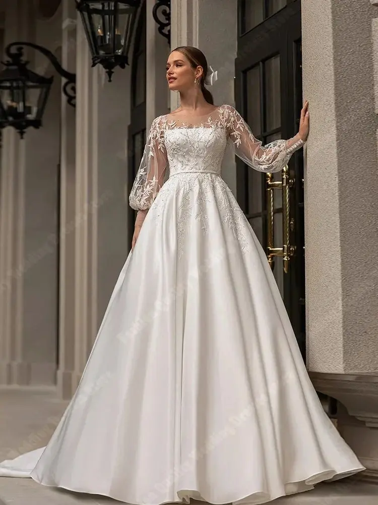 Beautiful Lace Printing Women Wedding Dresses Long Sleeves Vintage Bridal Gowns Shiny Decal Design Vestidos De Novia Customized 4