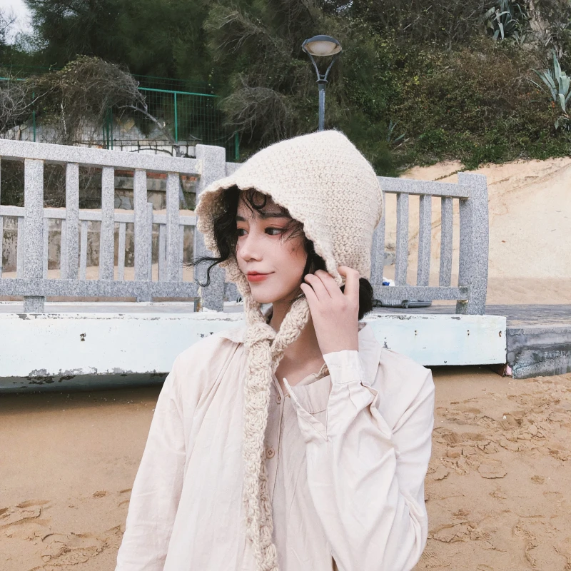 Y2K Autumn and Winter Lace Knit Women's Thunder Feng Hat Japanese Cute Band-brim Woolen Cap Sen Knitted Hat Streetwear 5