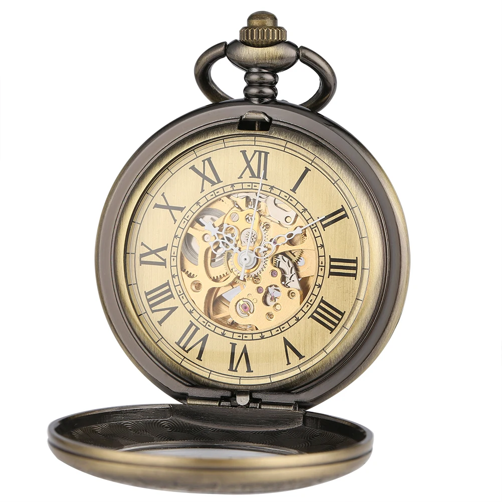 Antique Brozne Transparent Gear Skeleton Mechanical Automatic Self-wind Pocket Watch Retro Pendant Fob Watches Relogio De Bolso