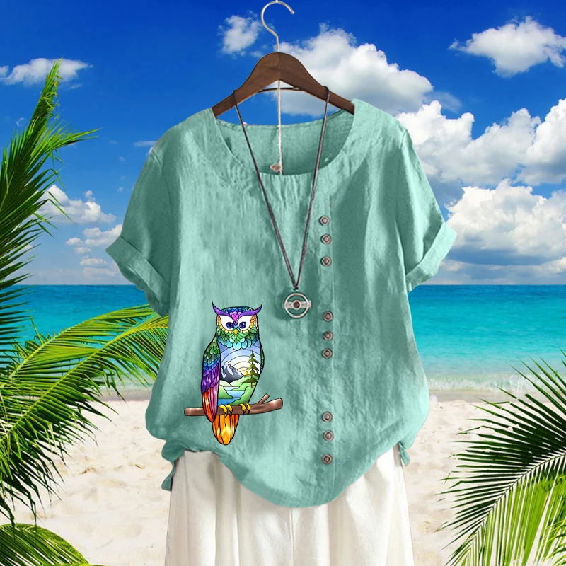 

Повседневная Свободная рубашка для женщин, женская модная свободная льняная футболка с круглым вырезом, милым принтом Совы и картона, топ с коротким рукавом, пуловер