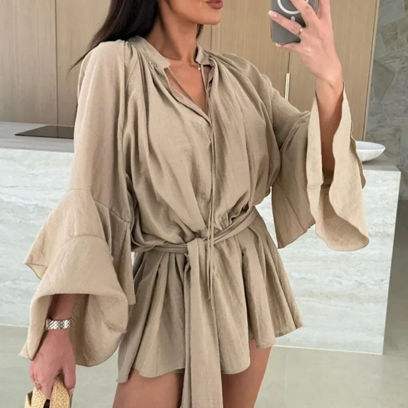 Ruffle Mini Dress - Casual Flare Sleeve Deep V-neck Holiday Dress