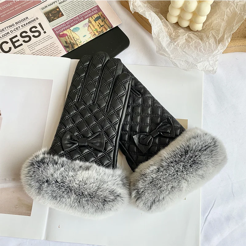 Genuine Leather Gloves For Women Winter Real Rex Rabbit Fur Thickened Gloves  With Plush Natural Fluffy Fur Gloves Warm Gloves - AliExpress