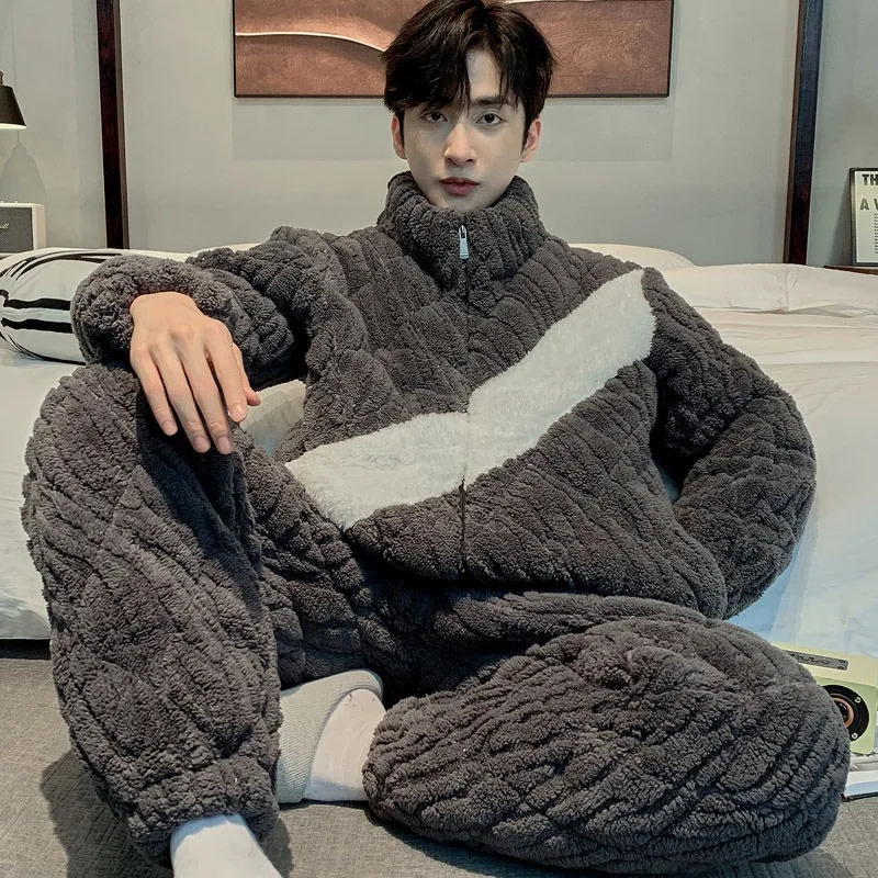 

Men's Winter Pajamas Three-layer Thickened Coral Velvet Padded Warm Flannel Loungewear Set Autumn Boys Casual Sleepwear Outfit