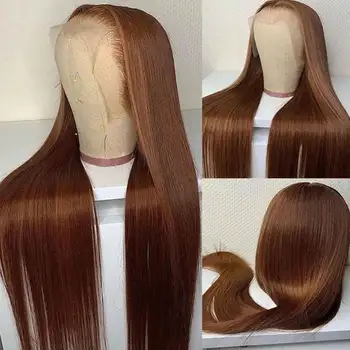 16-42Inches Human Hair Lace Front Wigs for Women 13x4 HD Chocolate Brown Straight Transparent Lace Frontal Wig 1