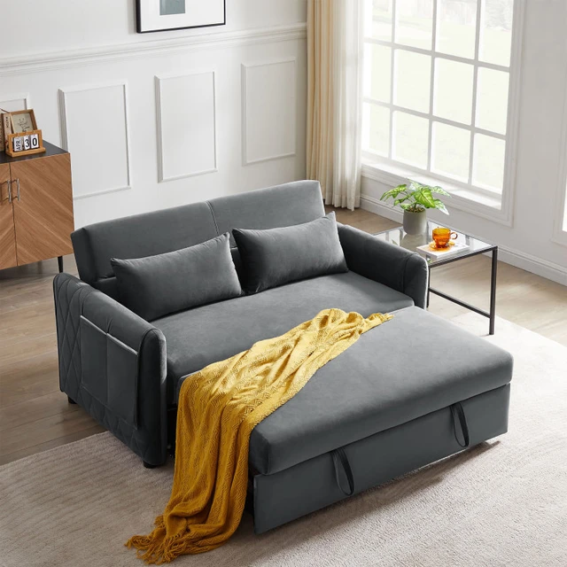 Sofá cama pequeño extraíble, moderno sofá cama convertible de terciopelo,  sofá cama con cabecero, 2 almohadas, bolsillos laterales para espacios
