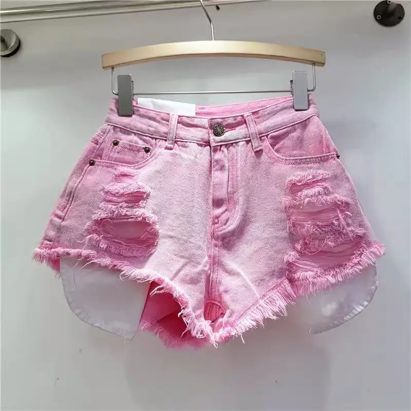 여성용 누출 포켓 스트리트 홀 워싱 레트로 블루 데님 반바지, 스파이스 걸 패션 청바지 핫팬츠, 2025 여름 신상