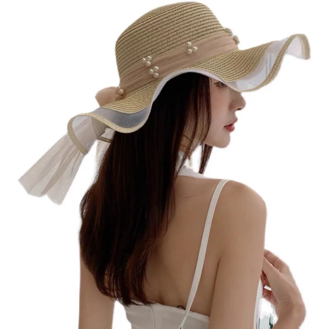Neue Koreanische Stil Frau Stroh Gaze Joint Bogen Band Große Krempe Sonnenschirm Ins Promi Ausflug Mode Strand Urlaub Gletscher Hut_voghion.com