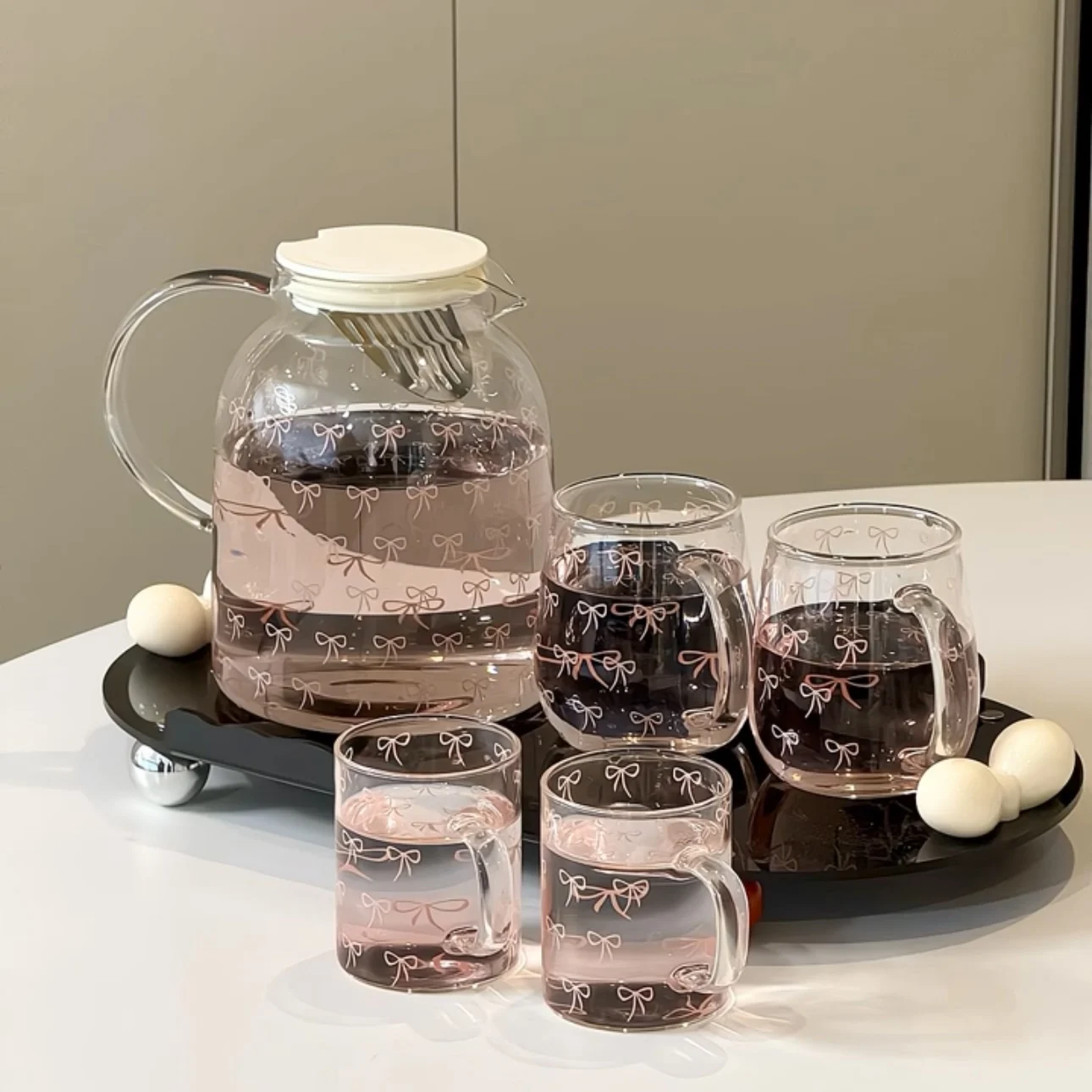 Bow Patter Water Glass Bottle Teapot Glass Cup Bow Handle Heat Resistant Lover Tea Sets Kettle Water Cup Bottle