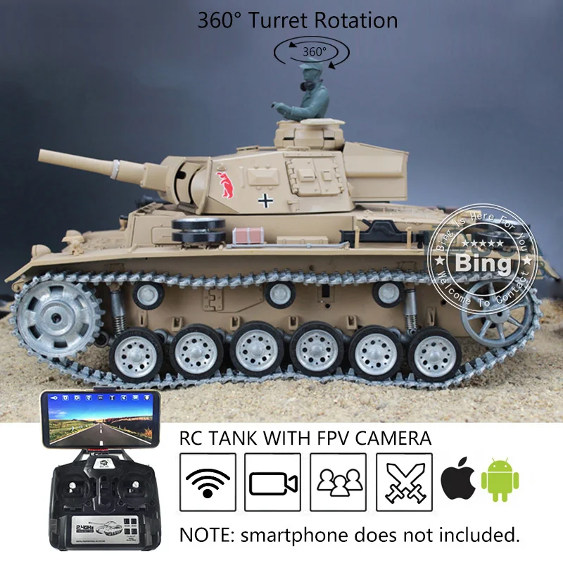 

HENG LONG FPV 1/16 Tk-7.0 индивидуальный Танк Panzer III H RC 3849 полностью металлический гусеничный круг с камерой игрушки с дистанционным управлением TH17370
