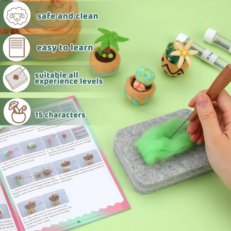 KRABALL Succulent Needle Felting Set With Wool Roving Felting Pad And Instruction For Beginner DIY Handmade Craft Tools Kit