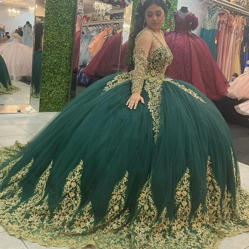 

Классические зеленые и золотые платья с аппликацией для Quinceanera, кружевное бальное платье с бусинами, длинным рукавом, для принцессы, на день рождения, конфетные платья 16 дюймов