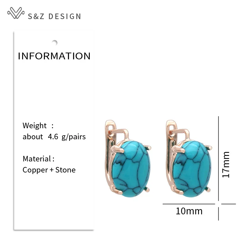 S&Z DESIGN New Vintage Oval Egg Shape Synthetic Turquoises Dangle Earrings For Women Wedding 585 Rose Gold Color Eardrop Gift