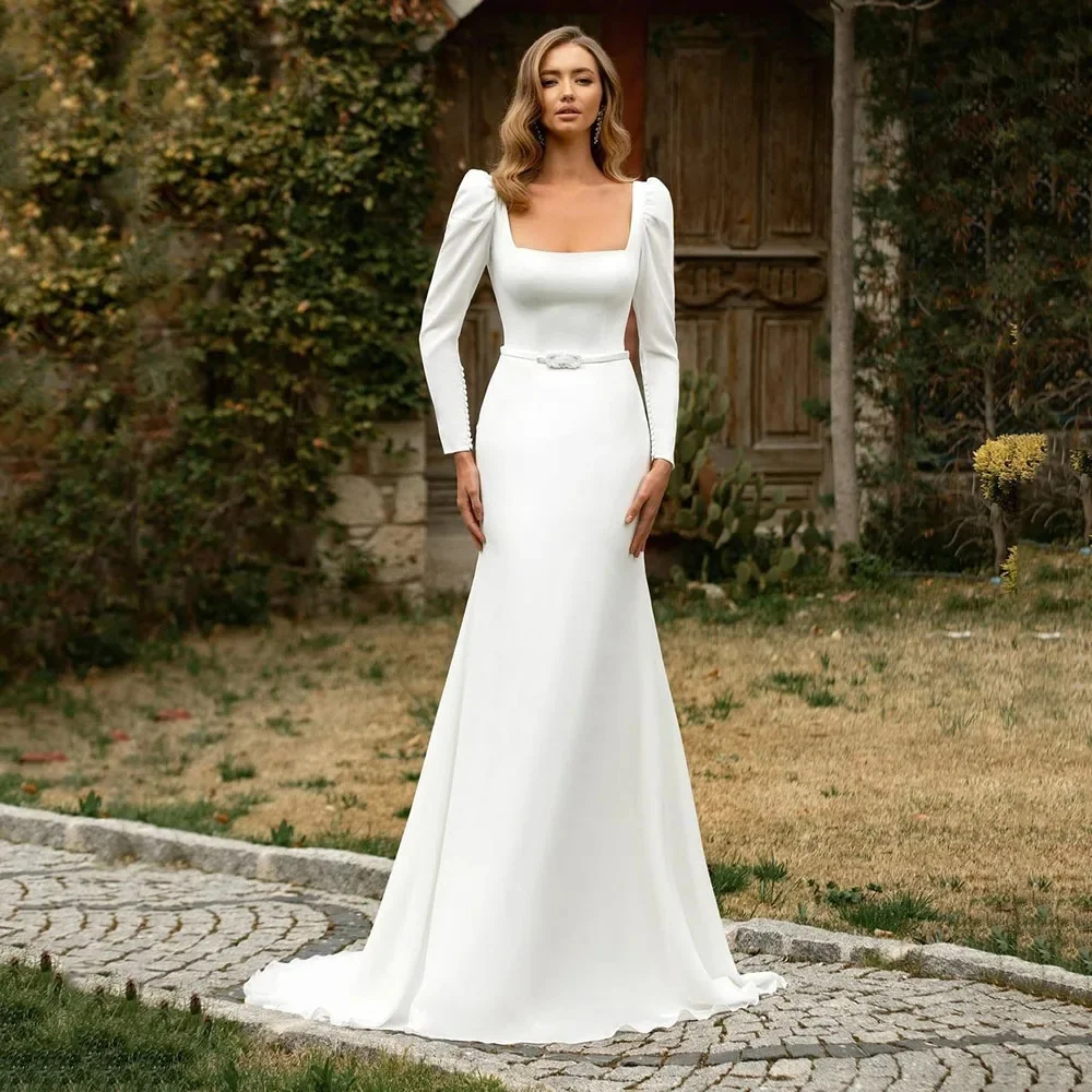 

Modern Country Mermaid Wedding Dress With Belt Square Collar Long Sleeves Backless Elastic Customize To Measures Robe De Mariee