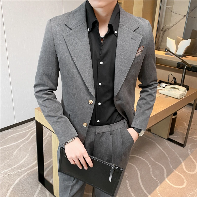 ( Jacket + Pants ) High End Men's Casual Business Suit Two-piece Set British Fashion Casual Suit Groom Wedding Dress Male