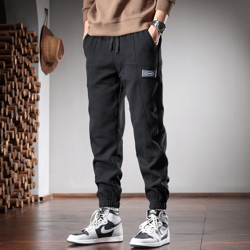 Autumn Black Elastic Waist Pants Men Casual Baggy Pencil Pants Streetwear Clothing Korean Style Drawstring Jogging Trousers