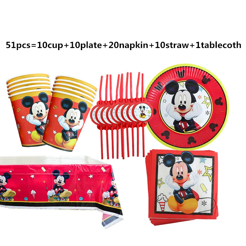 1Set Red Mickey Mouse Theme Disposable Paper Cups Plates Flexible Straws Baby Shower Kid Birthday Napkin Decoration Supplies 