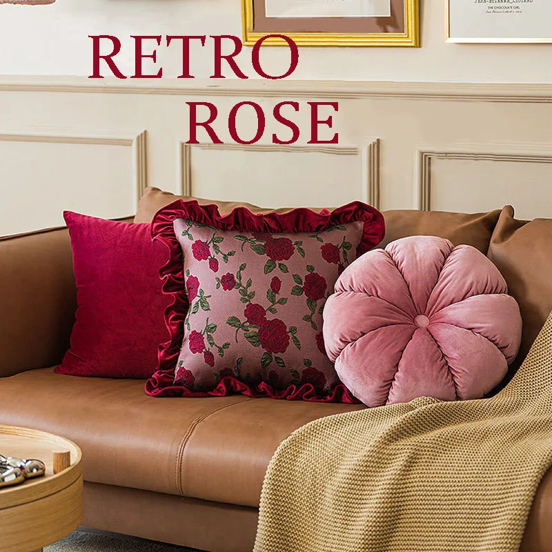 Rood Kussen Kussens Vintage Rose Kussenhoezen Met Ruches Fluwelen Luxe Sofa Seat Woonkamer Bed Decor| | - AliExpress