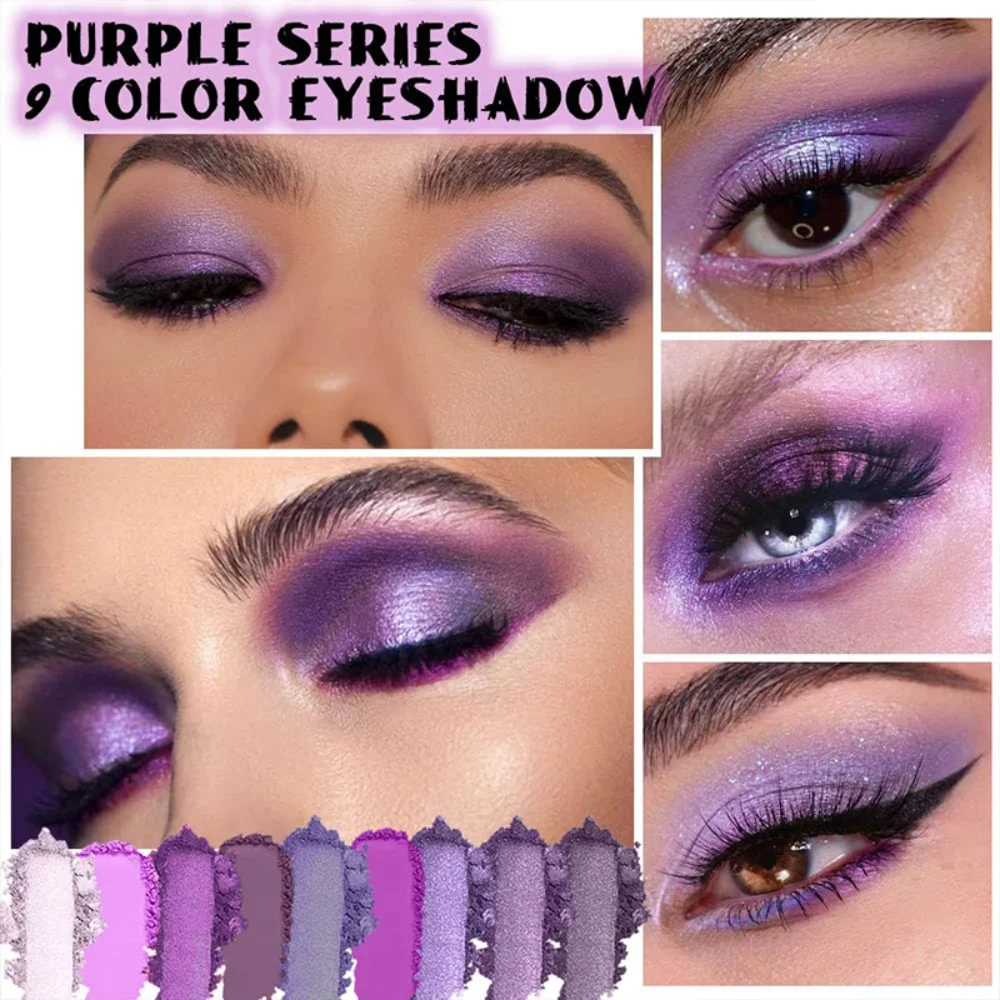 9-Color Eyeshadow Palette Matte & Shimmer Waterproof Long-Lasting Smoky & Natural Looks Unisex Purple