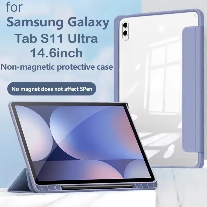 Premium HD Clear Acrylic Tablet Case with PU Leather Tri-Fold Stand and Pen Slot