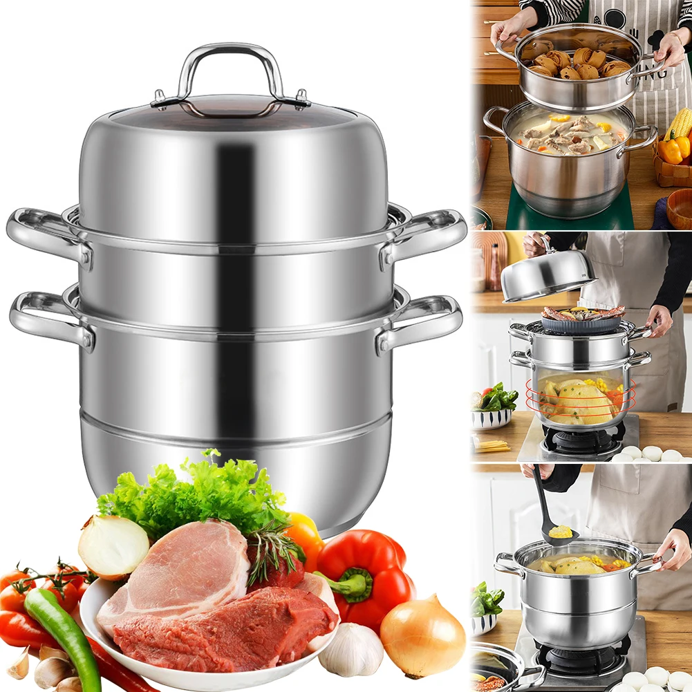 3 Tier Food Steamer Pot 11inch Stainless Steel Soup Steam Pot Universal Cooking Pots for Induction Cooker Gas Stove Steam