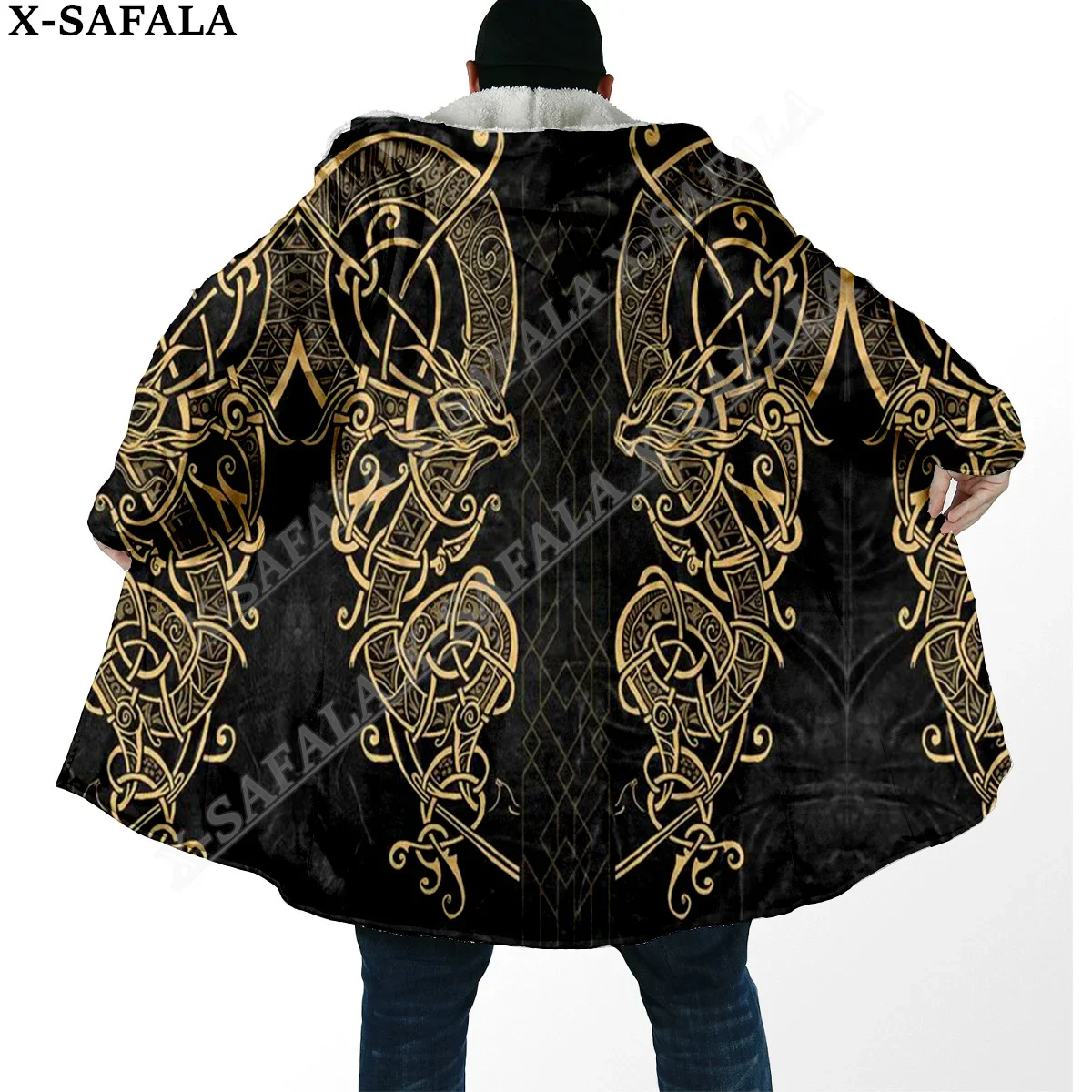 Thick Warm Hooded Cloak for Men Tattoo Symbol Viking Armor Overcoat Coat 3D Print Windproof Fleece Cape Robe Hooded Blanket-2