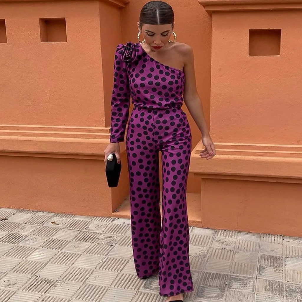 

Fashion Women Elegant One Off Shoulder Polka Dot Print Long Sleeves Jumpsuits Playsuits Overalls