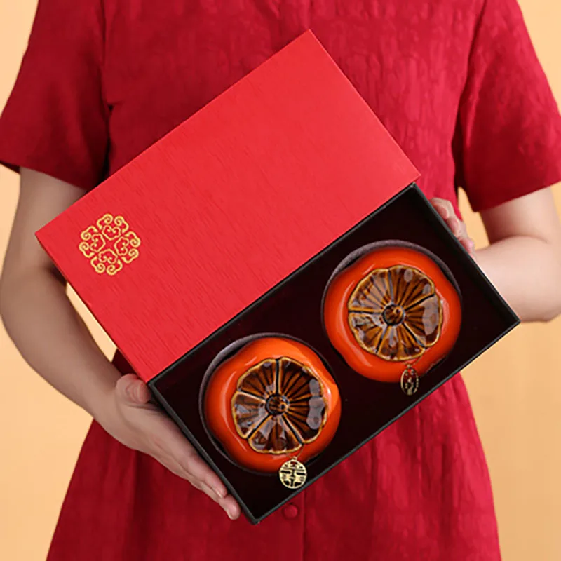 Chinese Traditional Wedding Persimmon Shape Ceramic Candy Jar, Tea Canister, Multipurpose Porcelain Storage Jars, Home Decor G