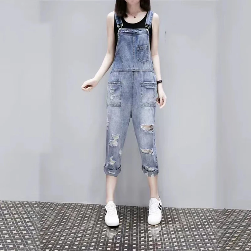 유럽 스타일 여성 찢어진 데님 점프 슈트, 2023 여름 새로운 스파게티 스트랩 포켓 캐주얼 전체 Playsuit Rompers
