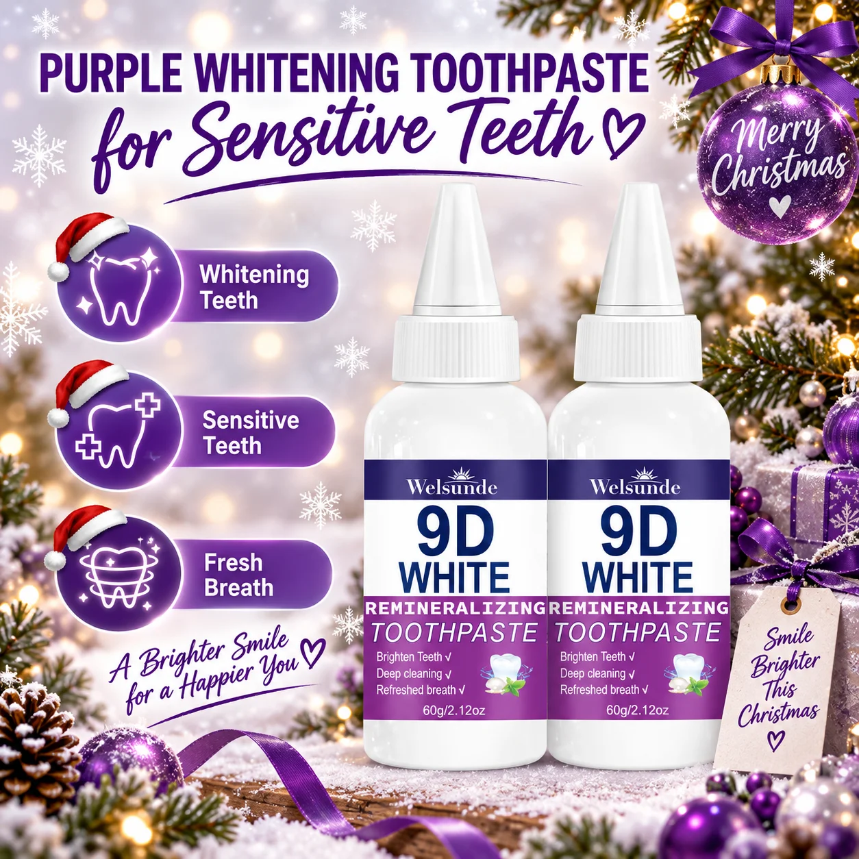 2PCS Whitening Toothpaste for Deep Cleaning & Brighter Smile, Purple Remineralizing Hydroxyapatite Toothpaste, European Formula with Minty Fresh Breath, Gentle on Gums, Travel-Size 60g*2, Ideal Oral Hygiene Gift for Women & Men, Local Warehouses