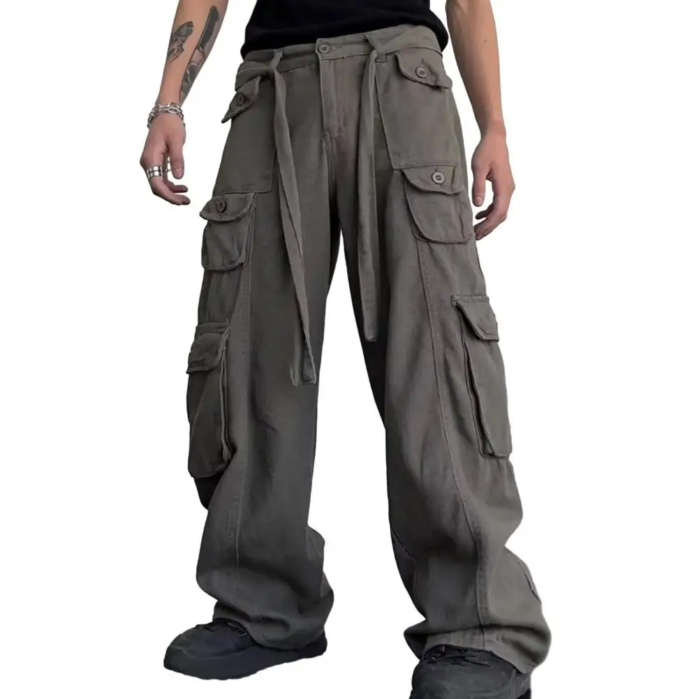 

Jogger Pants Versatile Men's Cargo Trousers Stylish Solid Color Multiple Pockets Loose-fit Straight Pants for Spring Autumn Wide