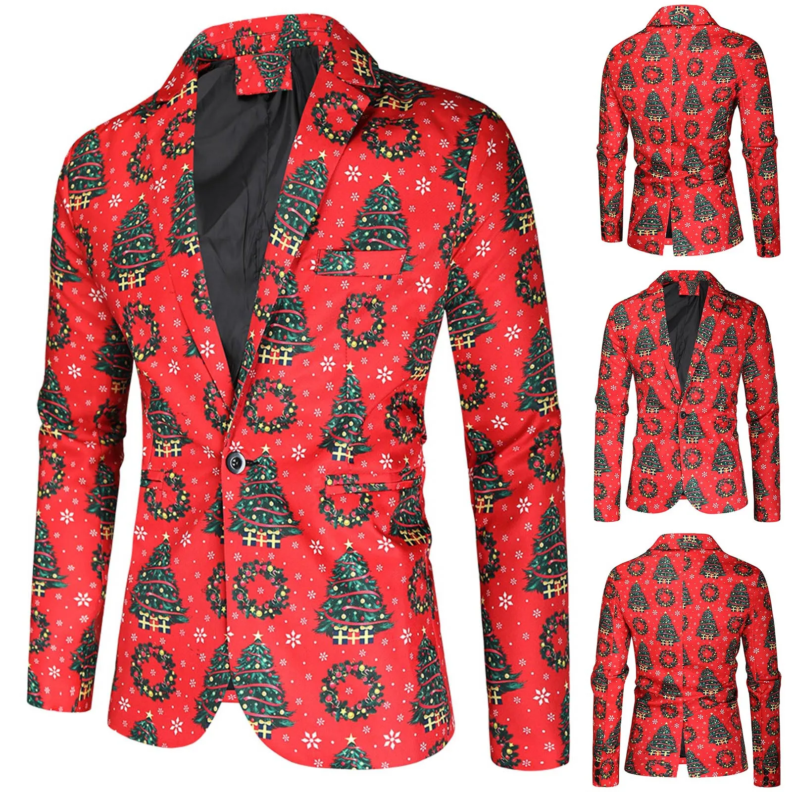 Christmas Hawaiian Shirts Christmas Tree snow Printed Blazer Men Fashion Suit Coat Long Sleeve Beach Lapel Men's Clothing