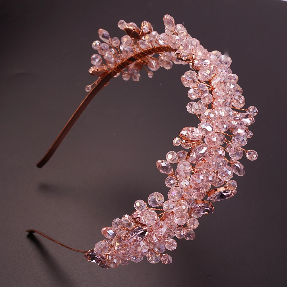 Bridal Hair Accessories, Crown Headband, Hair Accessories Handmade Wedding Bride Luxury Pink Gold Rhinestones Tiaras and Crowns Bridal Headband Costume Hair Accessories for Women