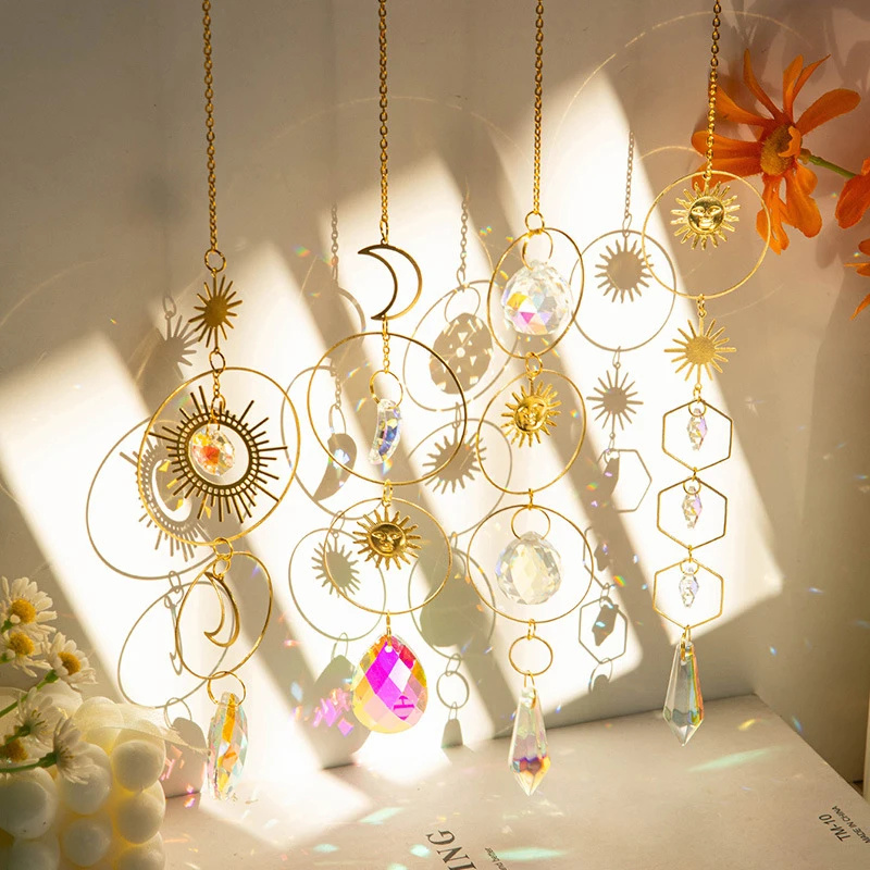 Hanging Crystal Pendant Moon Stars SunCatcher Rainbow Maker Window Drop for Home Outdoor Fairy Garden Decoration