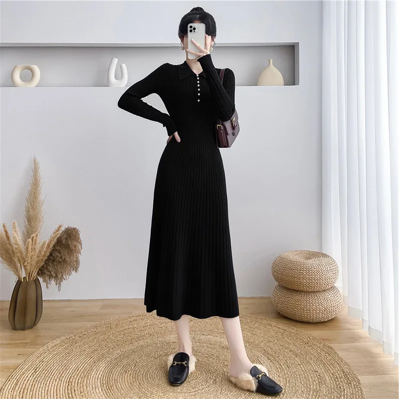 Ribbed Autumn Knit Long Dress For Women Fashion High Waist Elegant Solid Long Sleeve Dress Lapel Loose Knitwear Maxi Dress