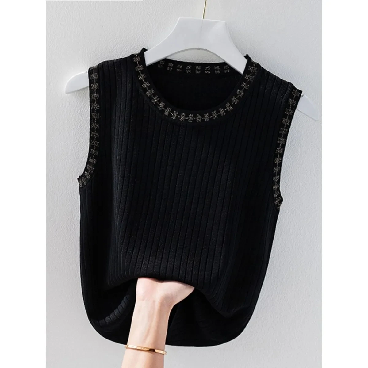 Canottiera Donna Righe Girocollo - Maglia Cotone Uncinetto - Top Sexy Y2K Senza Maniche - Foto 3