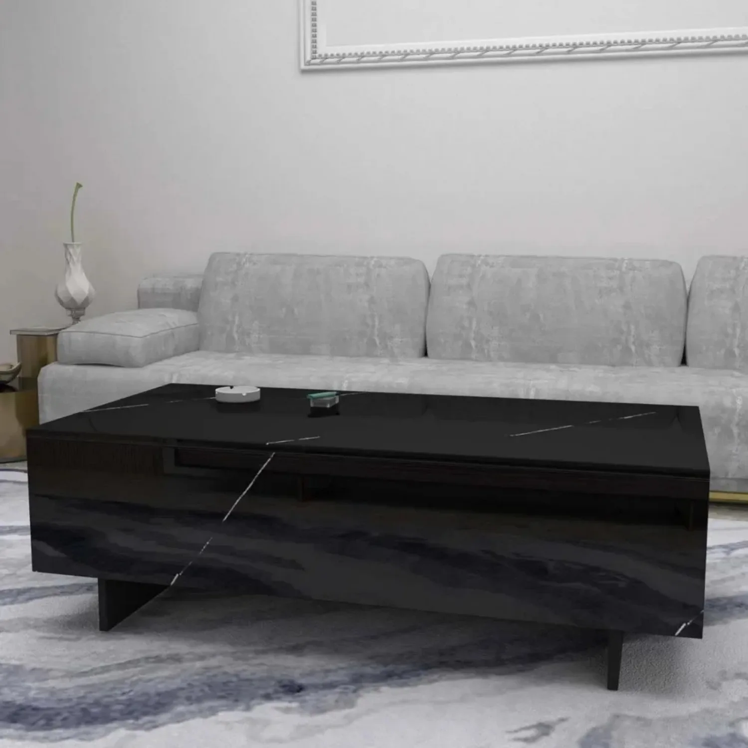 Marble Rectangle Coffee Tables for Living Room,Modern Side Table,Contemporary High Gloss Elegant Center Table