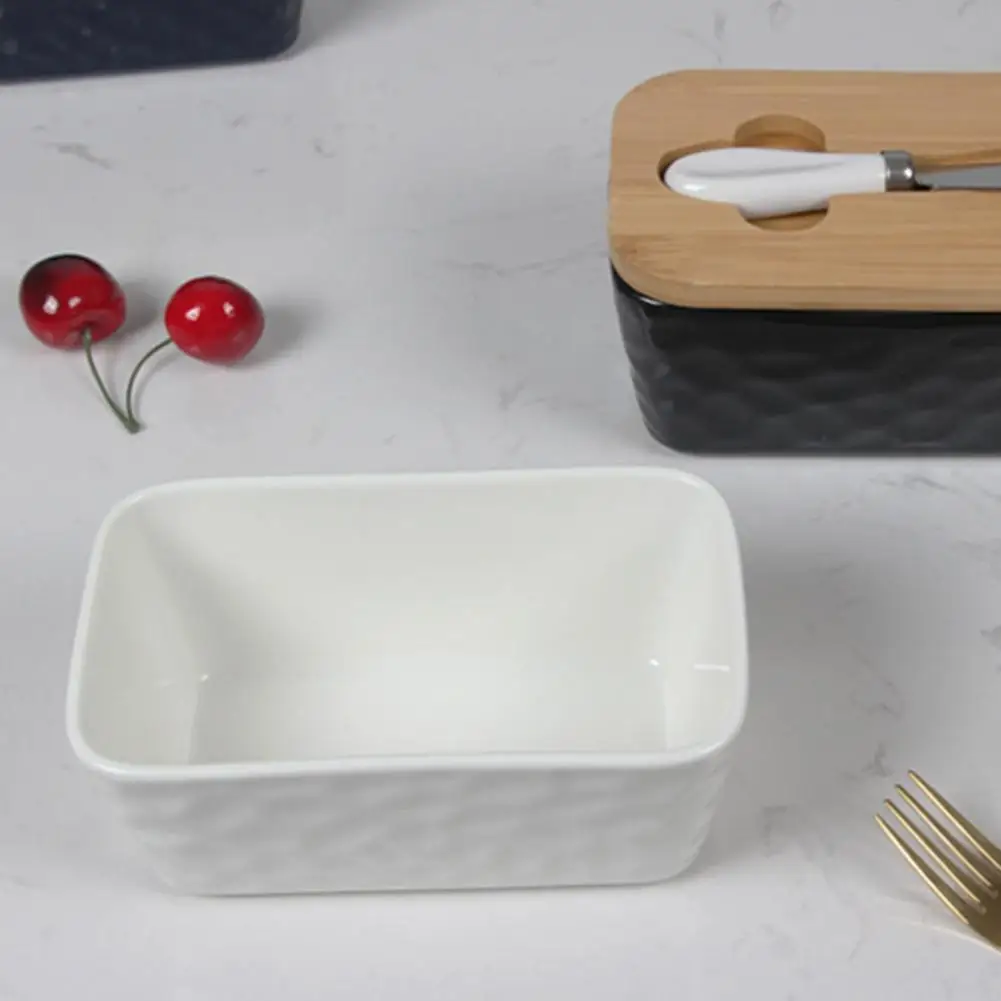 Fridge Butter Container Easy to Clean Butter Dish Elegant Ceramics Dish with Wooden Lid Stainless Steel for Kitchen