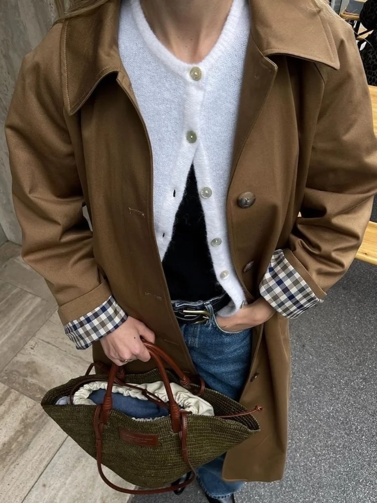 Elegant Plaid Lapel Long Windbreaker Women Fashion Single Breasted Full Sleeve Solid Coat 2025 Spring Lady High Street Outwear 2