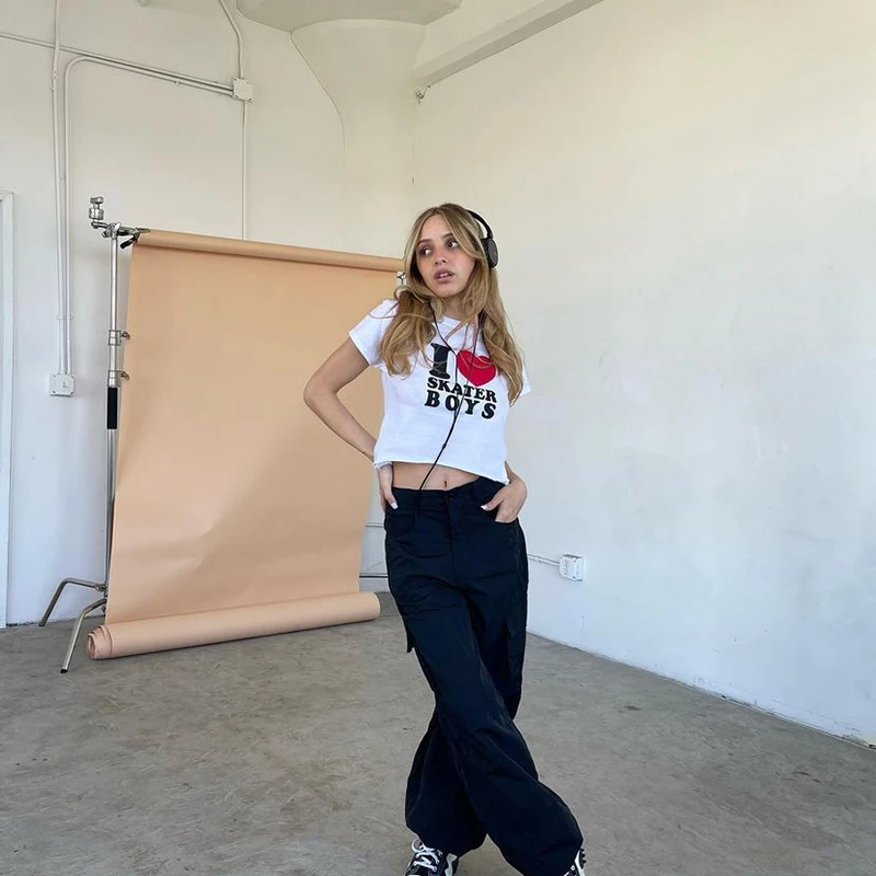 

Summer Y2k Cartoon Harajuku ShirtSlim Girl Crop top Tees Women's Clothing Tops Letter Love Print Retro Gothic Streetwear T-Shirt
