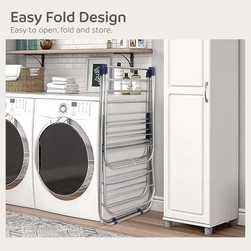 Clothes Drying Rack Foldable - 2 Level Stainless Steel Laundry Drying Rack with Height-Adjustable Wings, 33 Drying Rails 4